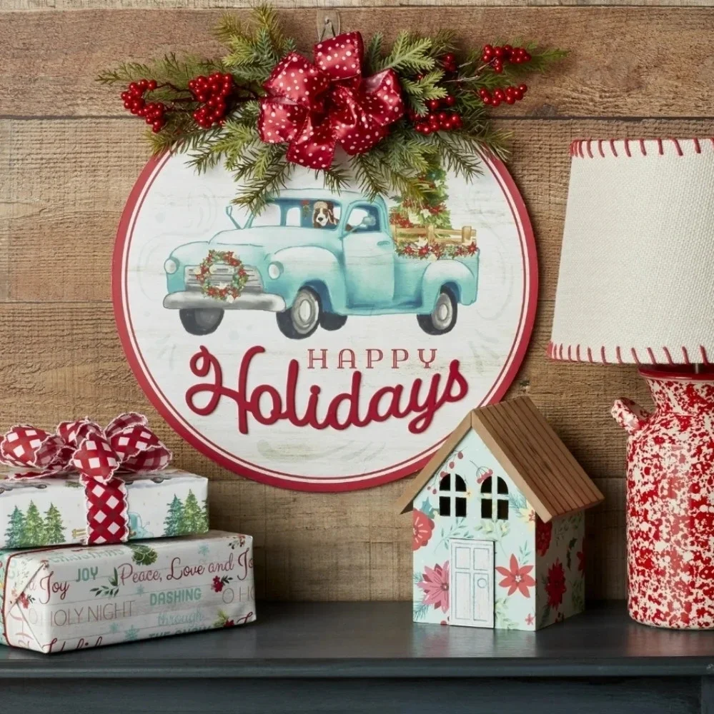 The Pioneer Woman Round Hanging Sign, Happy Holidays in Vintage Truck